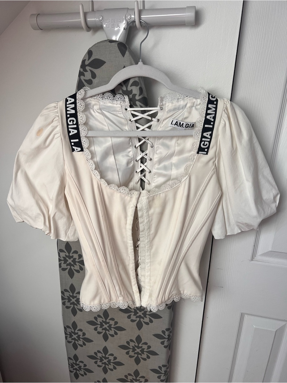 I.AM.GIA Cream Lace-Up Corset Top with Branded Straps